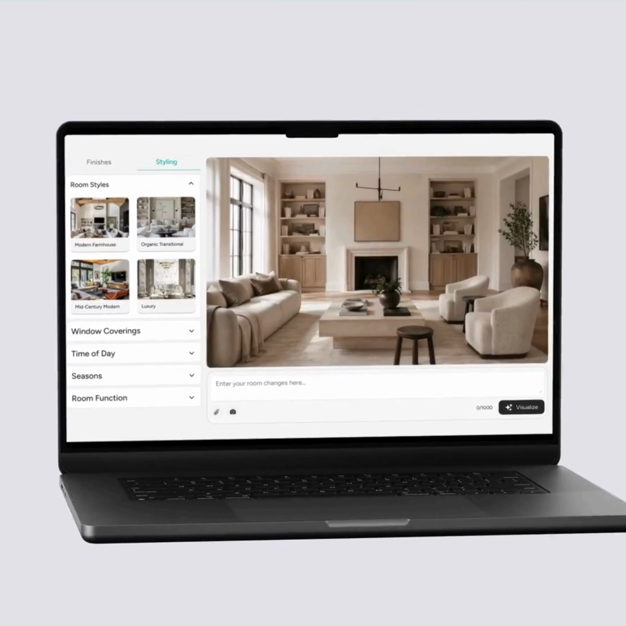 Laptop showing interactive virtual staging interface